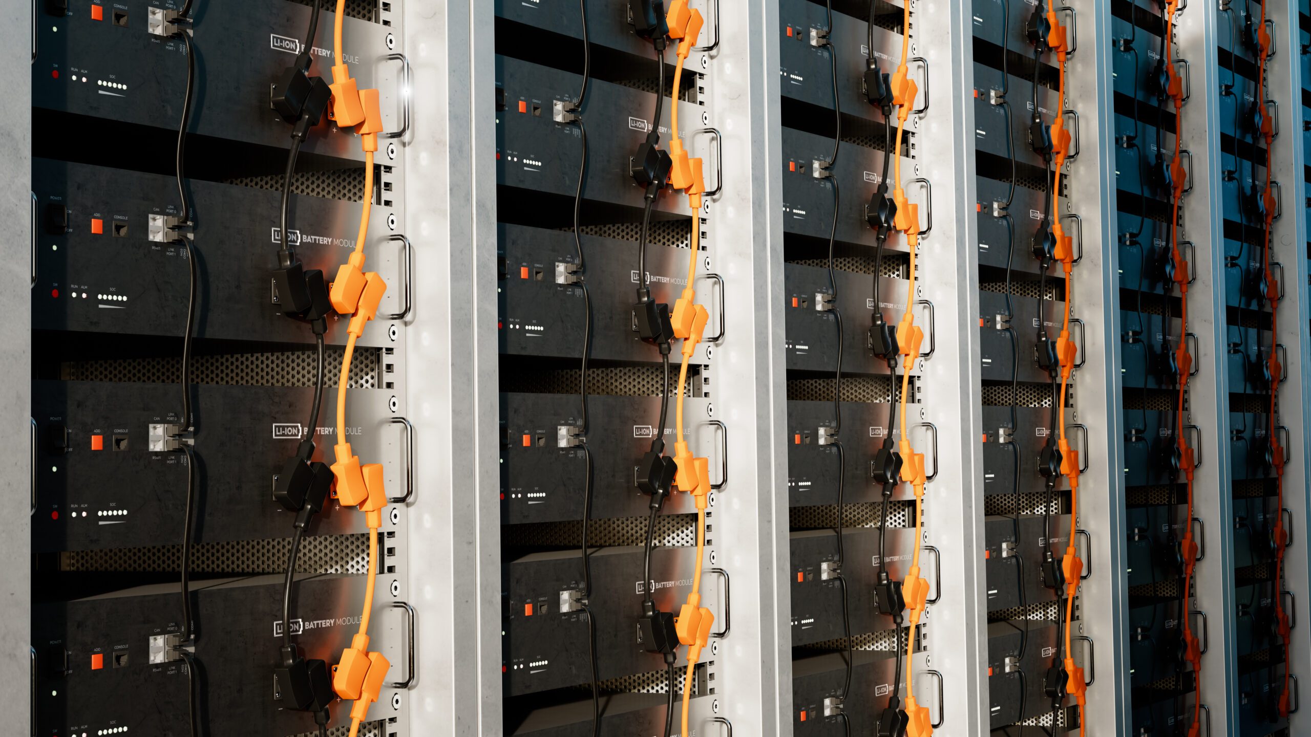 Image of a battery energy storage system consisting of several lithium battery modules placed side by side. This system is used to store renewable energy and then use it when needed. 3d rendering.